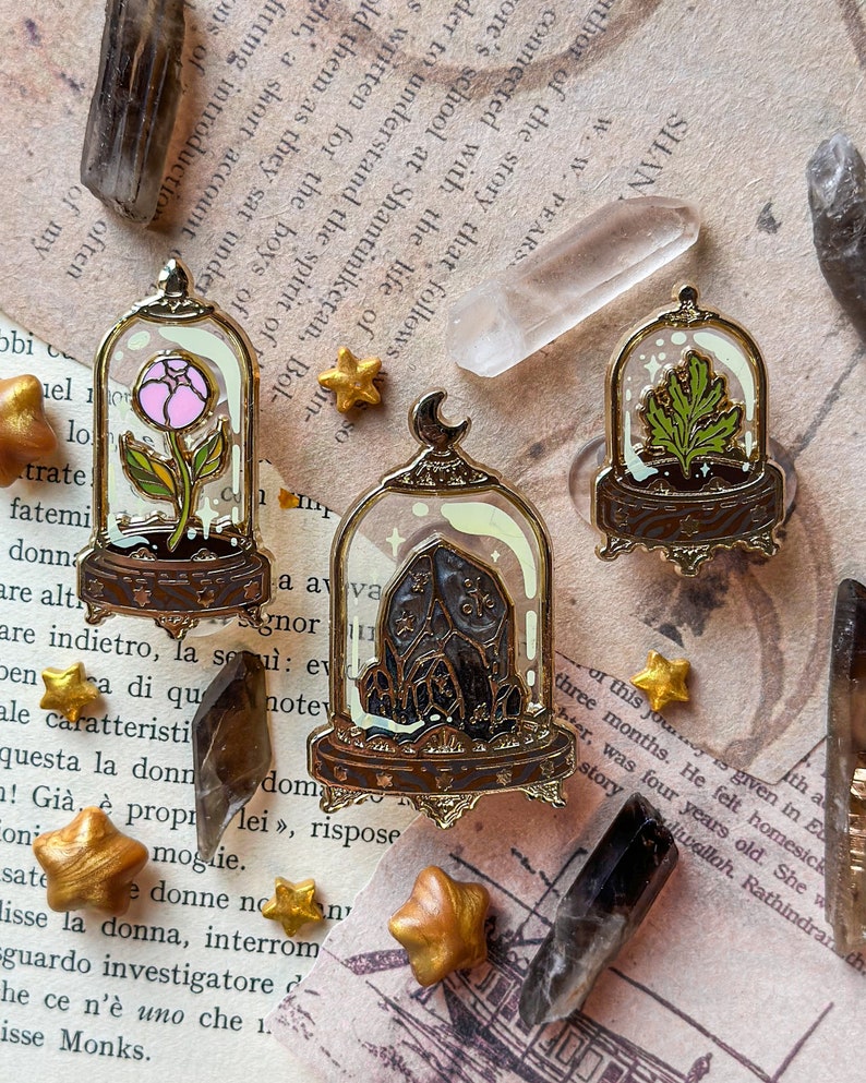 DOMED GLASS SPECIMENS enamel pins set. Hard enamel pin. witchy pin. Smoky quartz. Artemisia leaf. Peony flower. Cabinet of curiosities. The Whole Collection