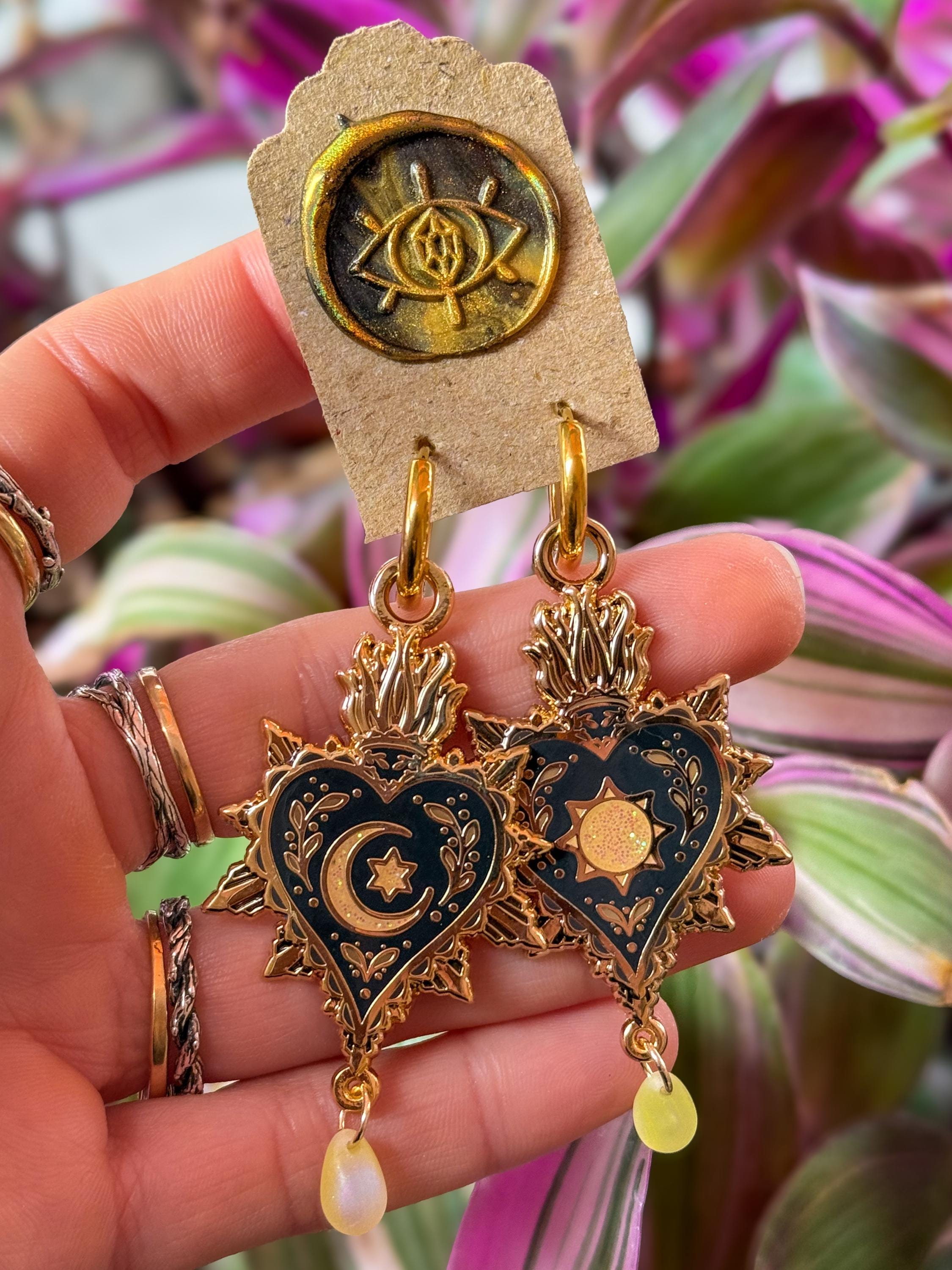 CELESTIAL HEART EARRINGS. Witch pendant earrings. Sacred heart. Gold earrings. Hoops. Surgical steel. Statement earrings. Jewellery. Jewelry