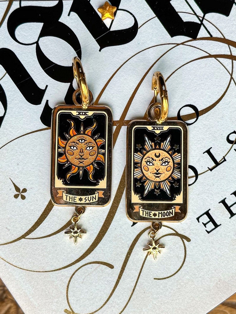 TAROT CARDS EARRINGS. enamel pin. Gold finish, hard enamel. Green witch pin. glitter. spooky vibes pins. witchy accessories. Dark Academia. image 2