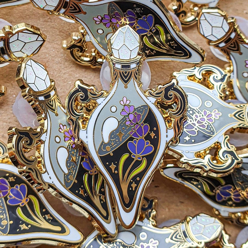 LAVENDER POTION enamel pin. Gold finish, hard enamel. Green witch pin. glitter. spooky vibes pins. witchy accessories. Crystal, lavender. image 3