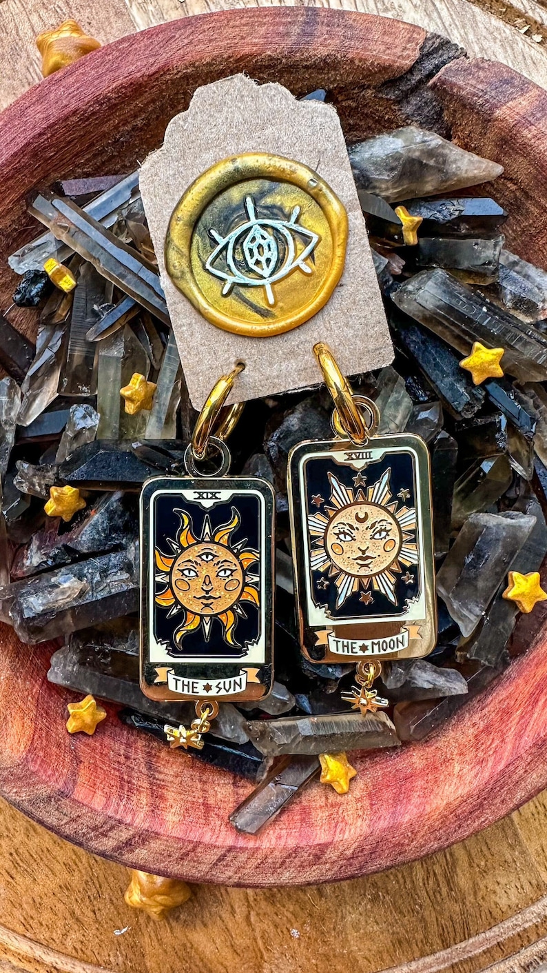 TAROT CARDS EARRINGS. enamel pin. Gold finish, hard enamel. Green witch pin. glitter. spooky vibes pins. witchy accessories. Dark Academia. image 4