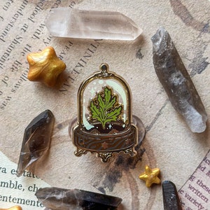 DOMED GLASS SPECIMENS enamel pins set. Hard enamel pin. witchy pin. Smoky quartz. Artemisia leaf. Peony flower. Cabinet of curiosities. Artemisia Leaf