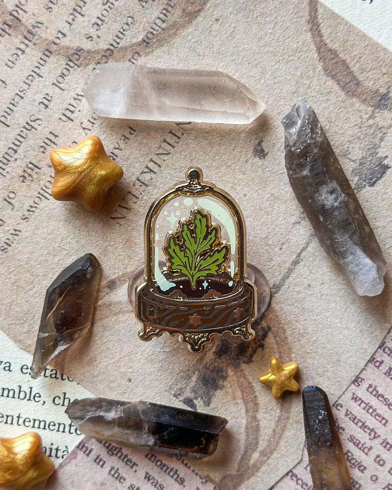 DOMED GLASS SPECIMENS enamel pins set. Hard enamel pin. witchy pin. Smoky quartz. Artemisia leaf. Peony flower. Cabinet of curiosities. Artemisia Leaf