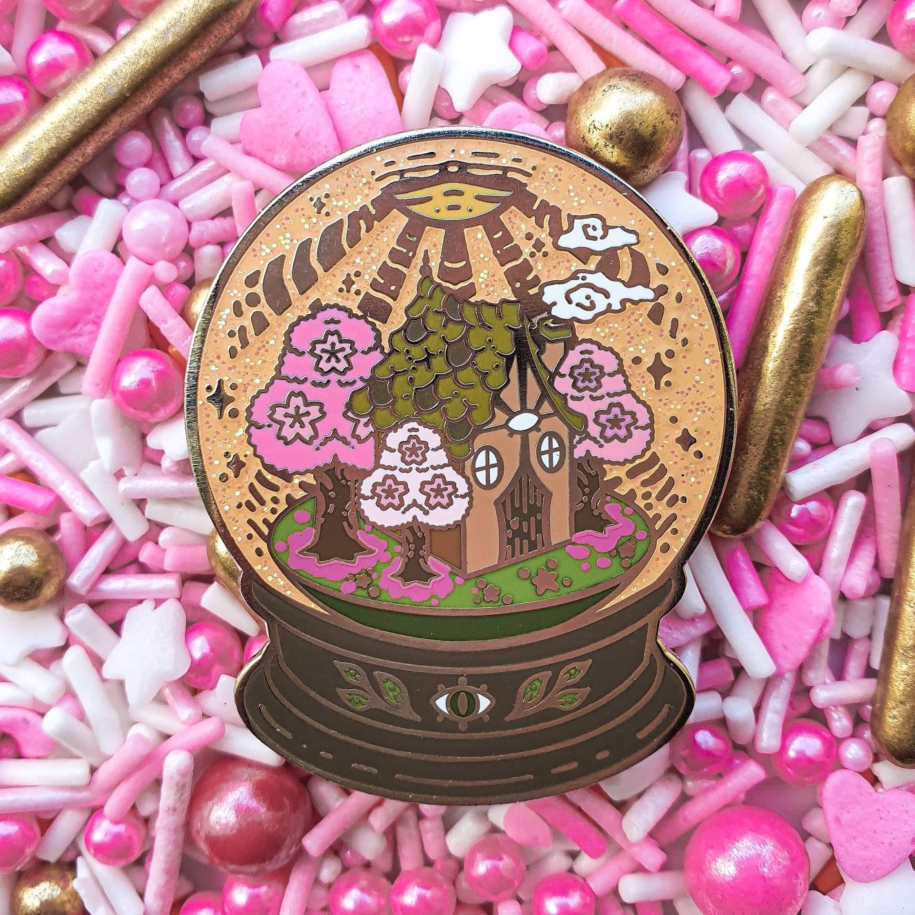 SPRING cottage in the woods enamel pin. Gold finish. Glitter details. Sakura blossoms. Snowglobe pin. Witchy. Spooky vibes. cottagecore
