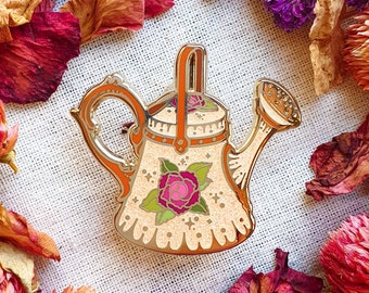 ROSE WATERING CAN. Hard enamel pin. Witchy pin. Autumn enamel pin. Pin set. statement accessories. Brooch. Mini pins. Teapot. Tea.