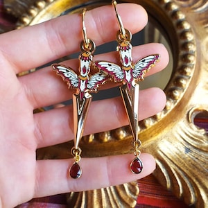 BUTTERFLY ATHAME EARRINGS. Garnet drops. Statement earrings. Cerimonial Dagger. Wicca. Witch accessories. Pendant earrings. Interchangeable