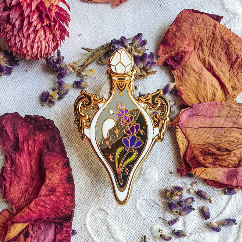 LAVENDER POTION enamel pin. Gold finish, hard enamel. Green witch pin. glitter. spooky vibes pins. witchy accessories. Crystal, lavender. image 1