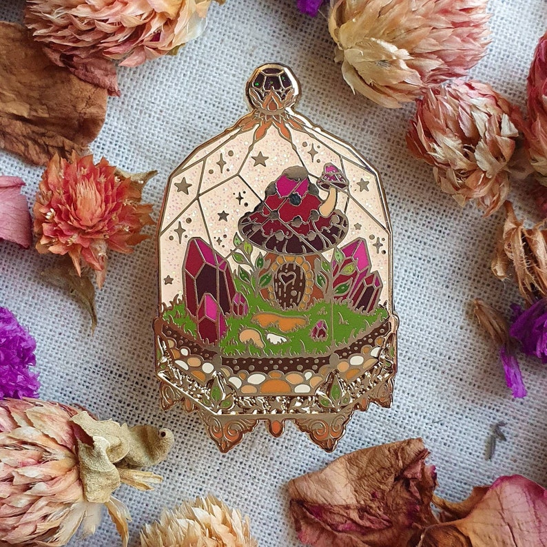 CRYSTAL TERRARIUM. Hard enamel pin. Witchy pin. Autumn enamel pin. Pin set. statement accessories. Brooch. Mini pins. Teapot. Tea. image 1