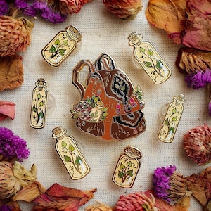 GREEN WITCH BACKPACK Hard enamel Witchy pin set Brooch Mini pins glass vials leaf
