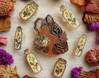 GREEN WITCH BACKPACK Hard enamel Witchy pin set Brooch Mini pins glass vials leaf