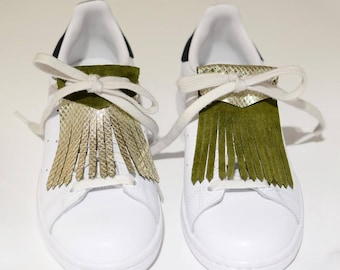 Reversible fringes in recycled luxury leather Gold/Khaki for lace-up shoes