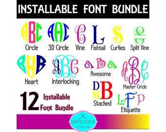 SALE 12 Installable Font Bundle,Fonts, Circle Monogram Bundle,Interlocking Font Bundle,Sale Bundle,Cricut Designs,Silhouette Designs