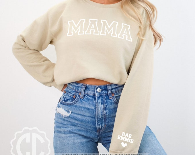 Featured listing image: Personalized Mama Sweatshirt with Kid Names on Sleeve, Mothers Day Gift, Birthday Gift for Mom, New Mom Gift, Minimalist Mom Sweater