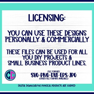 May include: A white background with blue text that reads "LICENSING: YOU CAN USE THESE DESIGNS PERSONALLY & COMMERCIALLY THESE FILES CAN BE USED FOR ALL YOU DIY PROJECTS & SMALL BUSINESS PRODUCT LINES. FILE FORMATS SVG-PNG-DXF-EPS-JPG (OTHER FILE FORMATS AVAILABLE) DIGITAL DOWNLOAD/NO PHYSICAL PRODUCTS ARE SHIPPED"
