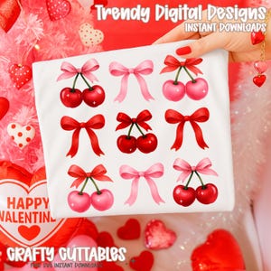 May include: White fabric featuring a pattern of cherries and bows in red and pink. The design includes the text "Trendy Digital Designs" and "Crafty Cuttables". The image is set against a Valentine's Day theme.