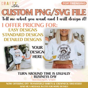May include: A white sweatshirt with a raccoon graphic and the text "I seriously need a speed bump between my brain and my mouth." The sweatshirt is on a pink background with the text "Custom PNG/SVG File" and "I offer pricing for: Easy designs, Standard designs, Detailed designs".