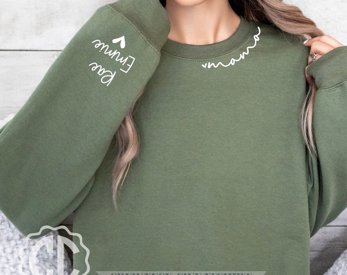 Featured listing image: Personalized Curved Mama Sweatshirt with Kid Names on Sleeve, Mothers Day Gift, Birthday Gift for Mom, New Mom Gift, Minimalist Mom Sweater