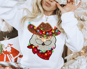 Sequin Cowboy Santa Sparkle PNG – Festive Western Christmas Design for Sublimation
