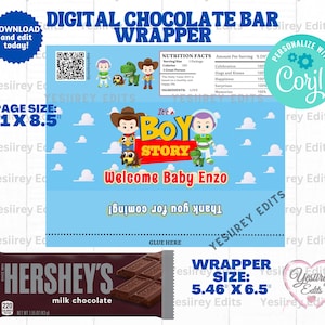 May include: A blue and white printable chocolate bar wrapper featuring characters from the movie Toy Story. The wrapper has the text "It's a Boy Story" and "Welcome Baby Enzo". The wrapper is designed to fit a standard Hershey's chocolate bar.