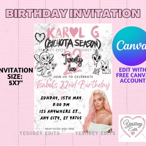 Karol G Bichota Season; Mañana Sera Bonito Birthday Invitation CANVA TEMPLATE 5x7 CANVA Template Printable Birthday Invite; Pink Hair;