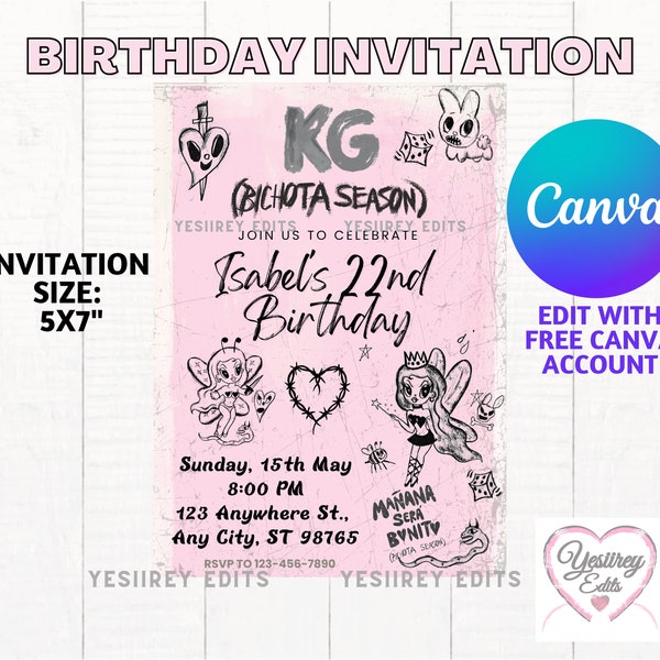 Karol G Bichota Season; Mañana Sera Bonito Birthday Invitation CANVA TEMPLATE 5x7 CANVA Template Printable Birthday Invite; Pink Hair;