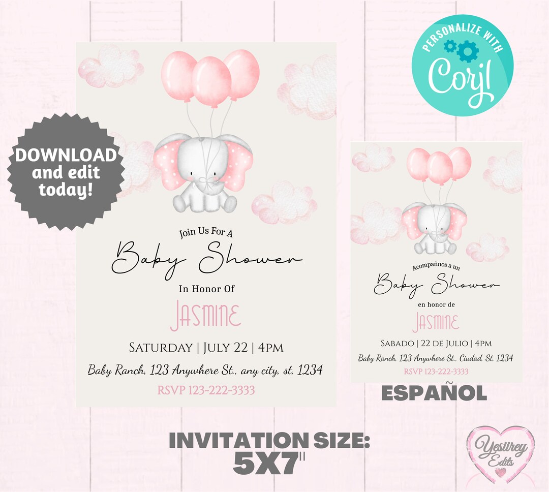 EDITABLE Blush Pink Baby Elephant Girl Baby Shower Invitation Template ...