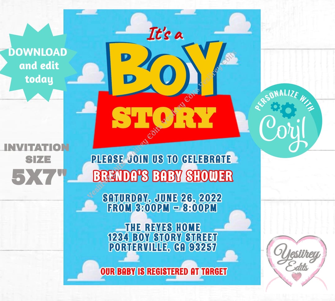 EDITABLE It's a Boy Story Baby Shower Invitation Template 5X7, Instant
