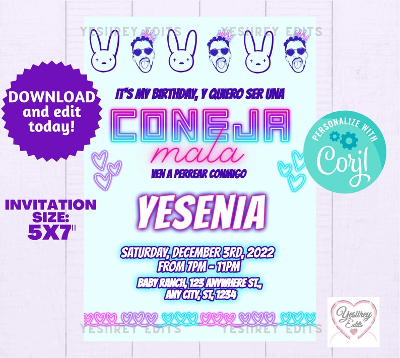 EDITABLE Bad Bunny Birthday Invitation Template 5X7 Instant Etsy