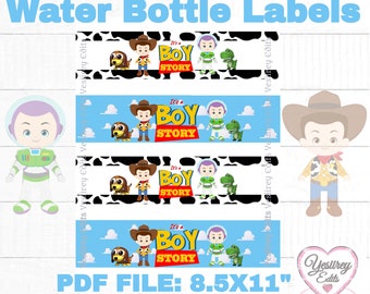 May include: Four printable water bottle labels featuring characters from the movie Toy Story. The labels are blue, black, and white with a cow print pattern. The labels feature Woody, Buzz Lightyear, and Rex. The text on the labels reads "It's a Boy Story". The labels are 8.5 inches by 11 inches.