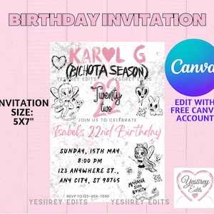 Karol G Bichota Season; Mañana Sera Bonito Birthday Invitation CANVA TEMPLATE 5x7 CANVA Template Printable Birthday Invite; Pink Hair;