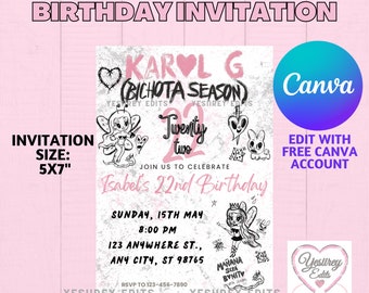 Karol G Birthday Invitation Canva Template, Bichota Season 5x7 (Digital)