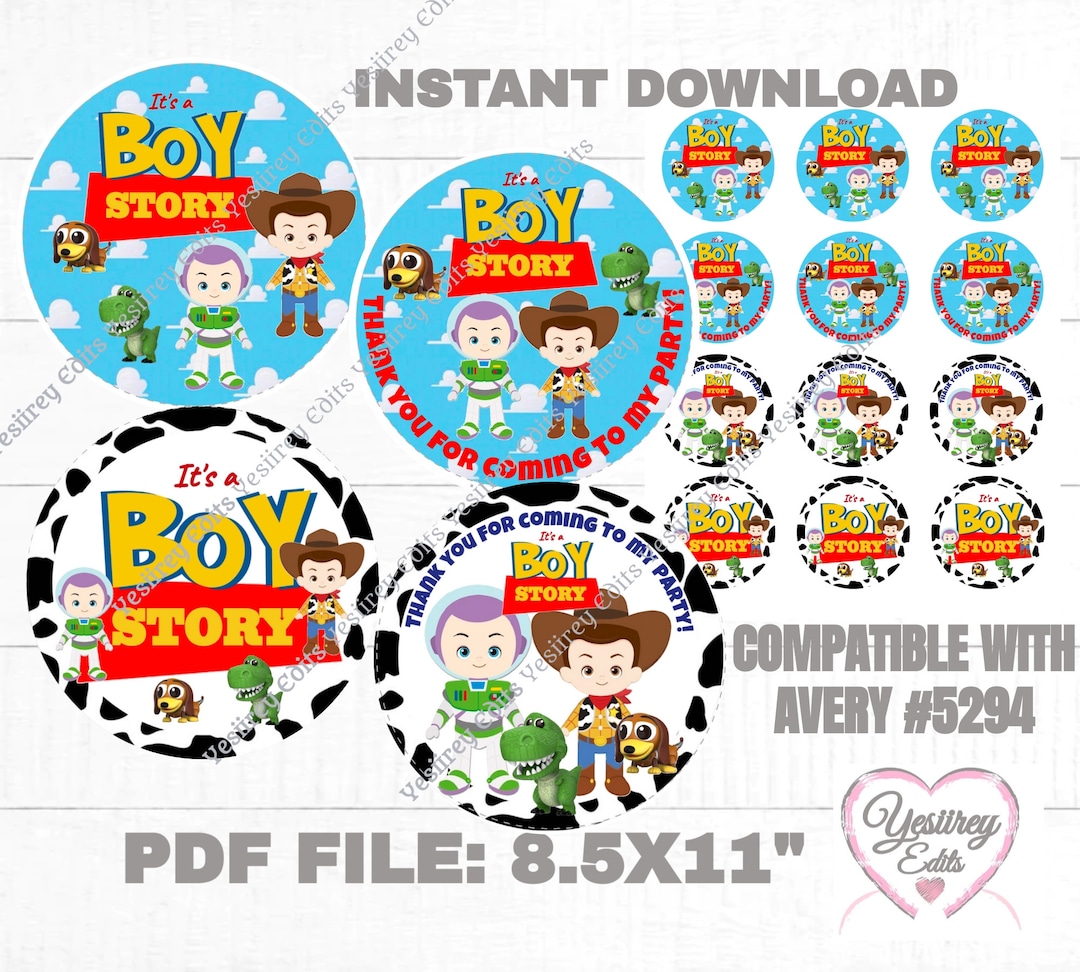 Printable it's a Boy Story Baby Shower 2.5 Inch Avery 5294 Sticker