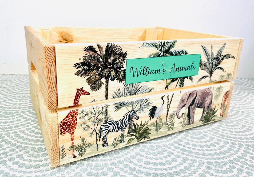 Personalised Wooden Toy Storage Box / Toy Crate / Animal Safari / First