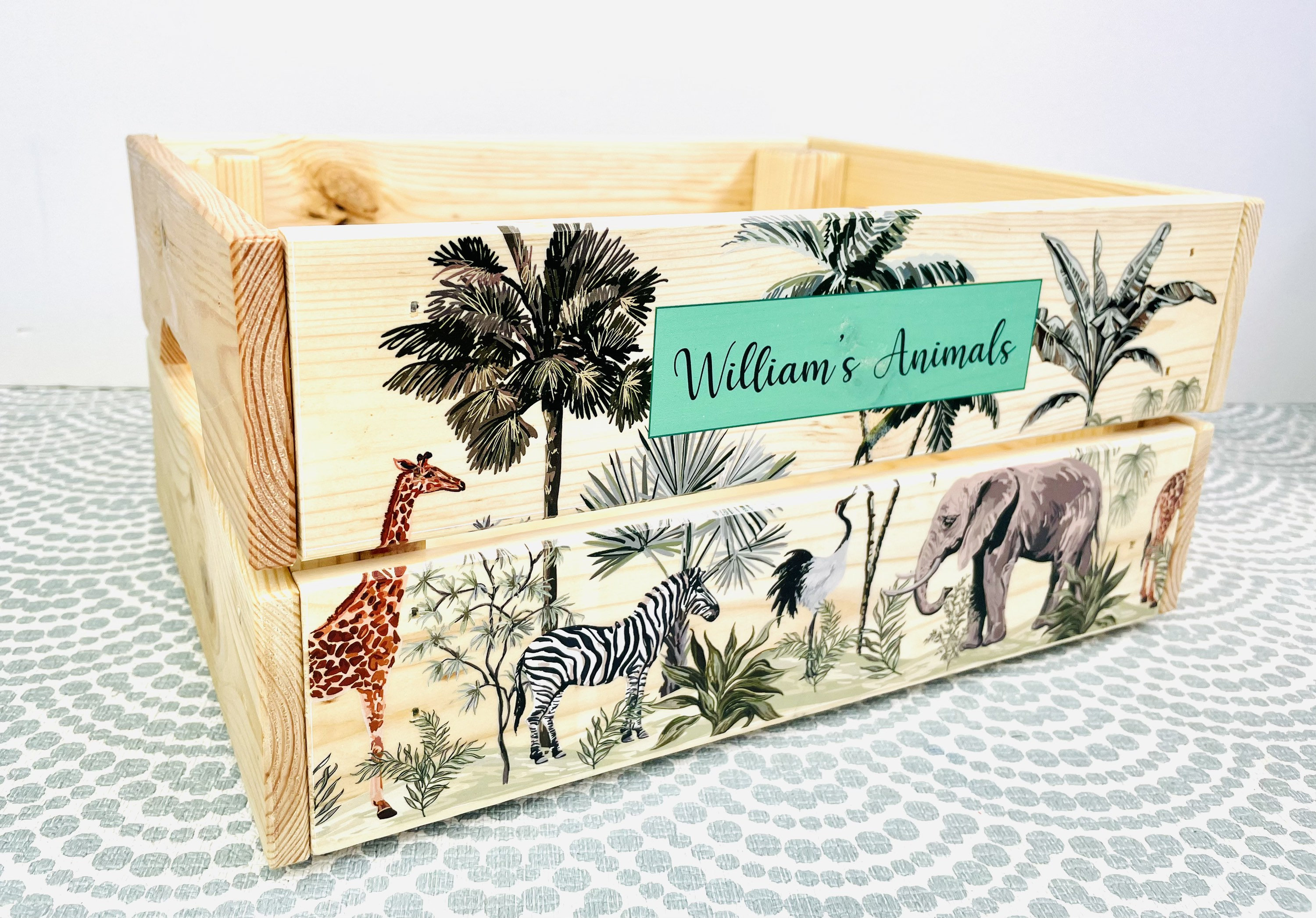 Personalised Wooden Toy Storage Box Toy Crate Animal Safari First Birthday Toy Room Christening Gift Etsy UK