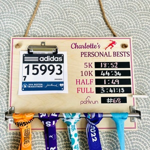 Personalised medal display holder / running bib medal hanger / wooden marathon personal best gift runners / colour display