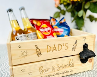 Personalised Dad's Beer & Snacks Crate - Engraved Wooden Gift with Bottle Opener