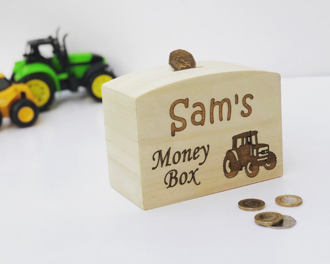 Personalised Tractor Money Box / Wooden Piggy Bank / Engraved Etsy