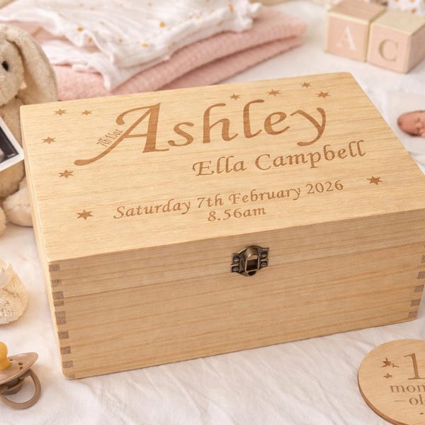Personalized New Baby Keepsake Box, Engraved Wooden Memory Box