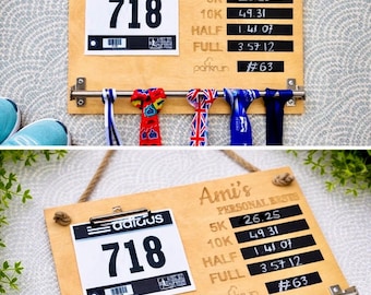 Personalised Medal & Bib Display: Wooden Running Gift
