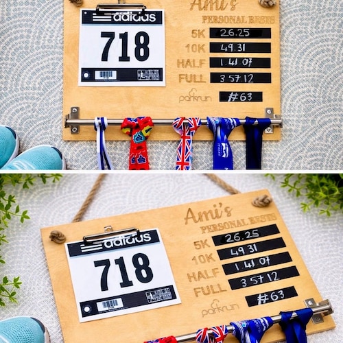 Personalised Medal & Bib Display: Wooden Running Gift