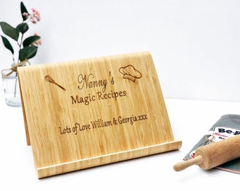 Personalised Bamboo Cookbook Tablet Stand, Engraved Recipe Holder