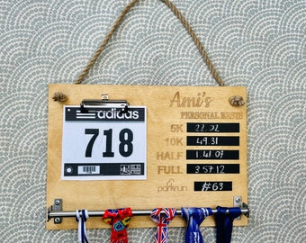 Personalised medal display holder / running bib medal hanger / wooden marathon personal best gift runners