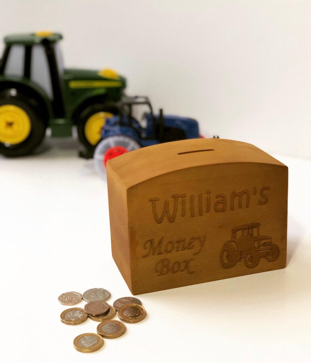 Personalised Tractor Money Box / Wooden Piggy Bank / Engraved Savings