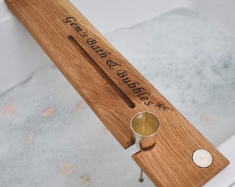 Personalised Bath Caddy / Solid Oak Bath Board / Luxury Gift / Engraved gift / Bathroom accessories