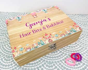 Personalised hair accessories storage box / hair bobbles bows clips box / christening first birthday gift / princess gift for girls cute