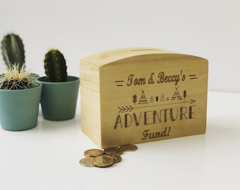 Personalised adventure fund / wooden money box / engagement gift / gift for couples / savings pot