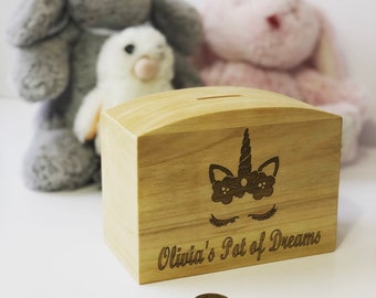 Personalised Unicorn money box / girls wooden piggy bank / saving fund / christening birthday gift