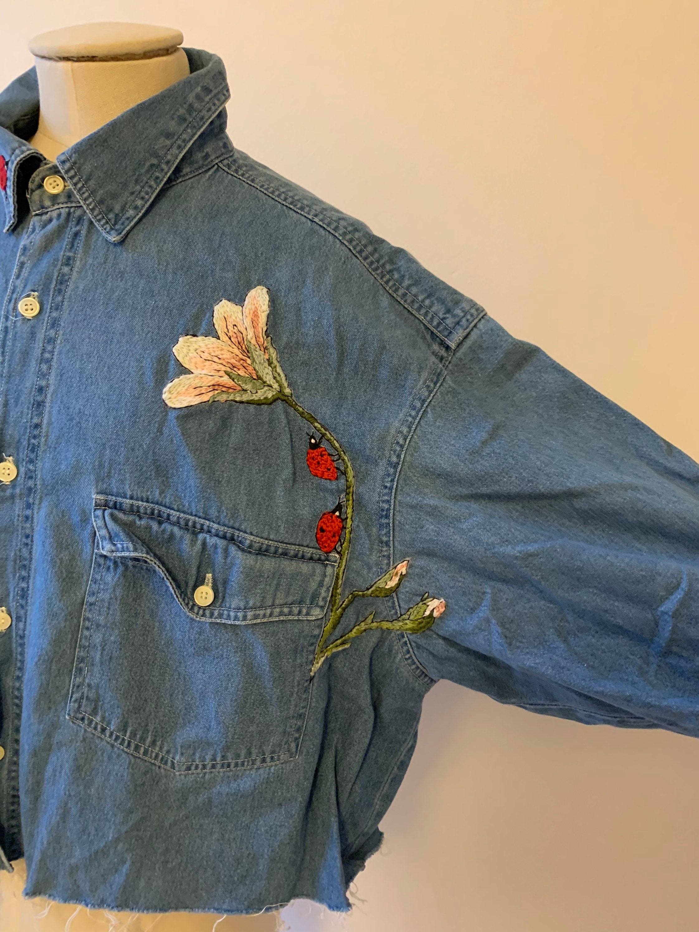 Embroidered denim 2025 shirt mens