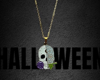 Enamel Skull Charm Halloween Rose Flower Necklace