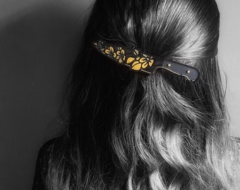 Halloween Dagger Hair Clip – Resin Knife with Metallic Flowers